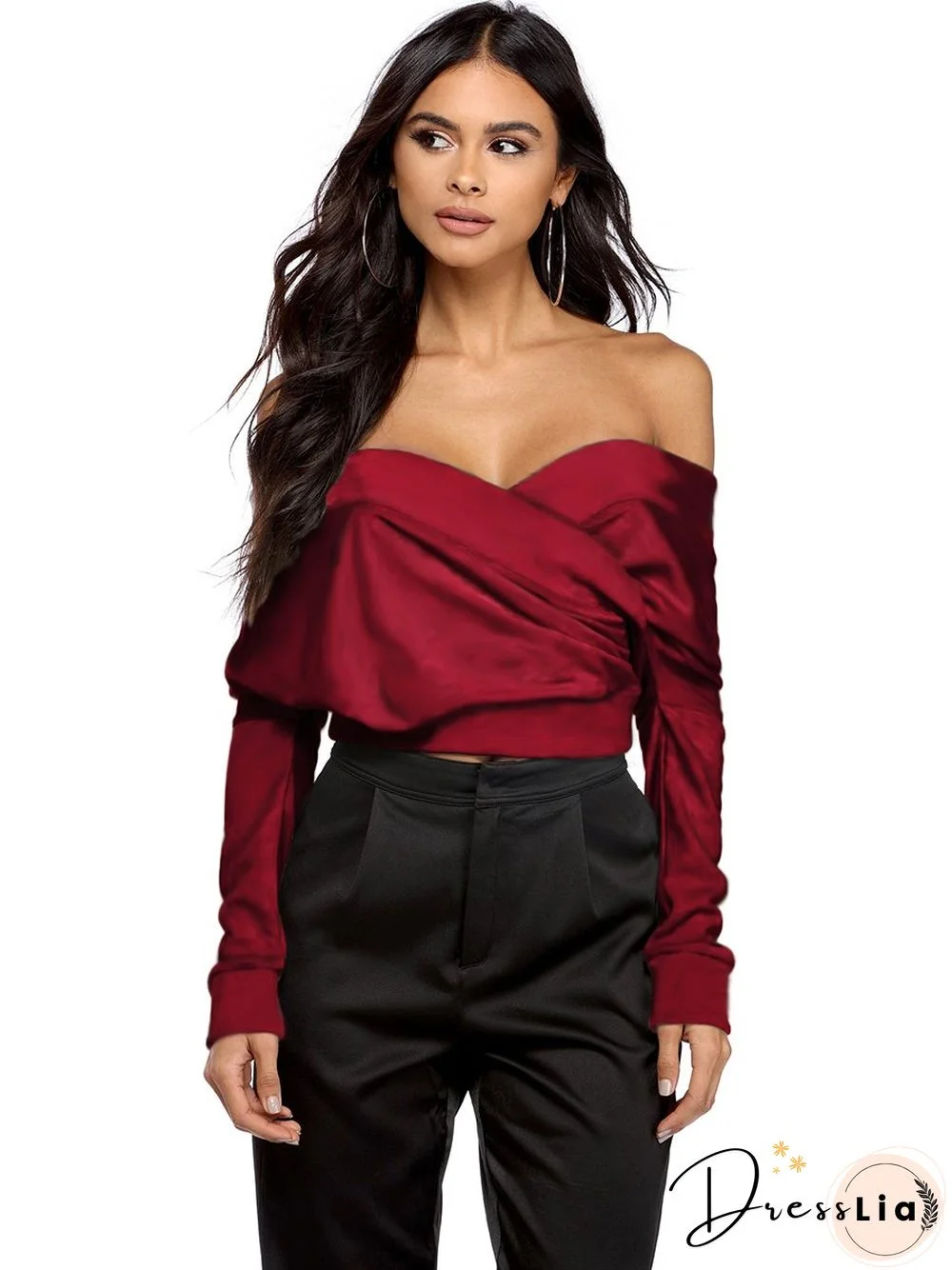 Red Half Sleeve Plain Sexy Off Shoulder Top