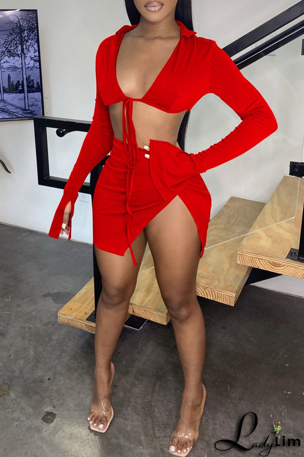 Yellow Fashion Sexy Solid Bandage Slit V Neck Long Sleeve Two Pieces
