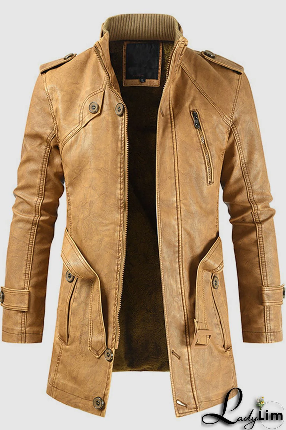 Brown Casual Solid Split Joint Zipper Turtleneck Outerwear