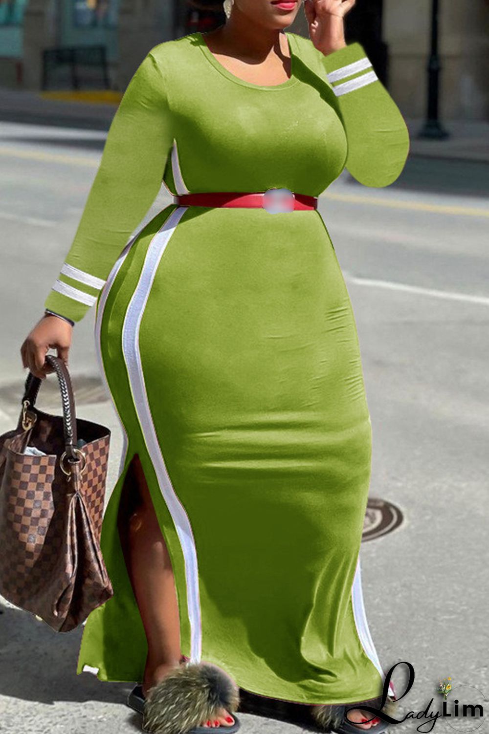 Orange Fashion Casual Striped Patchwork Slit O Neck Long Sleeve Plus Size Dresses (Without Belt)