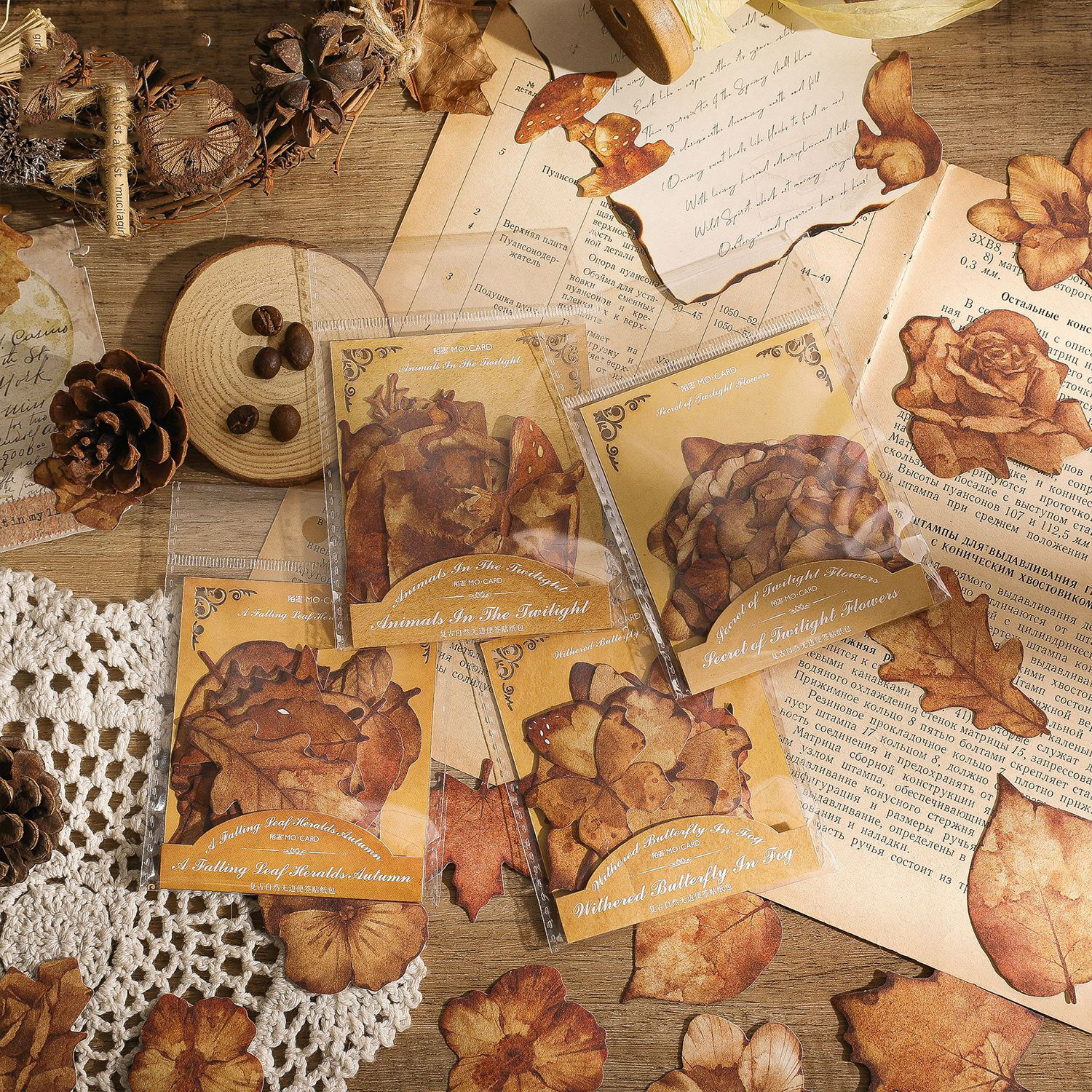 Journalsay 15매 빈티지 자연 낙엽 스티커 팩 꽃 나비 DIY 저널 스크랩북 스티커