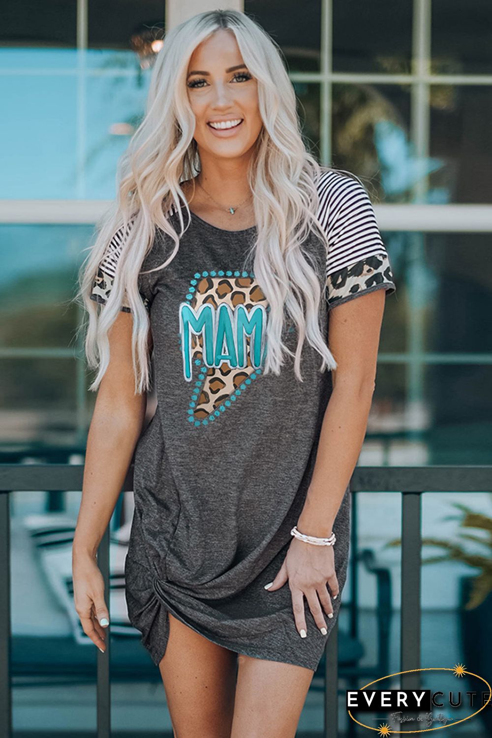 Gray MAMA Leopard Graphic Contrast Sleeve Dress