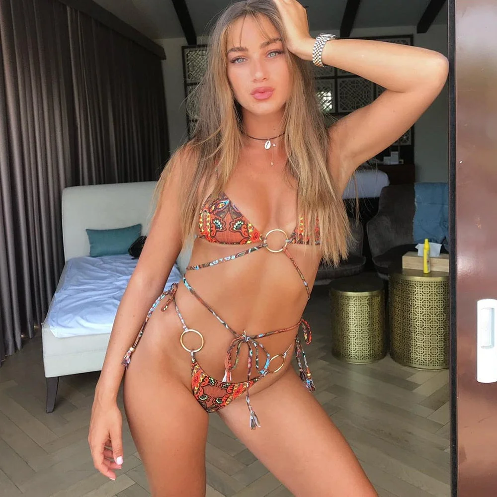 2022 New Sexy Low Bikini Set Swimwear Women Print Floral Brazilian Halter Backless Swimsuit Strappy Beachwear Dot biquini female