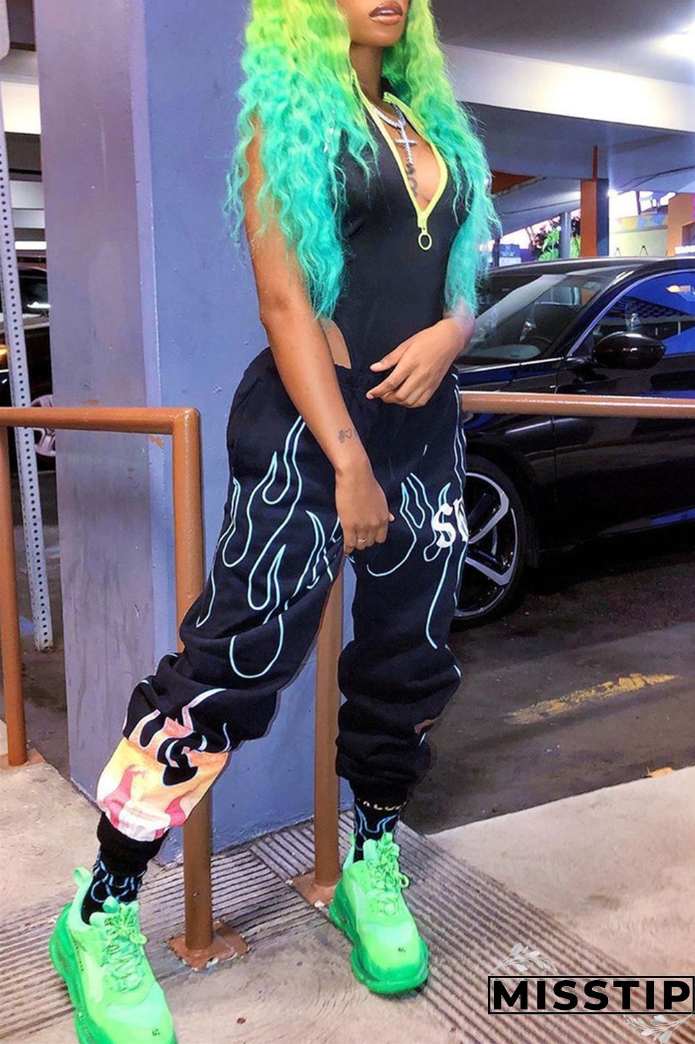 Black Fashion Casual Print Basic Regular High Waist Trousers