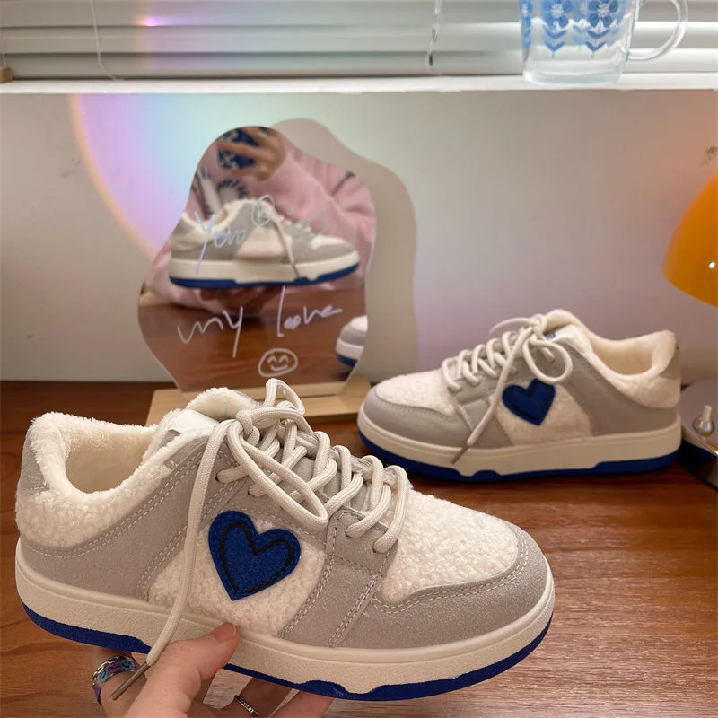 2022 Spring Plush Zapatillas Mujer Lovely Heart Patchwork Woman Vulcanize Shoes Casual Warm Outdoor Daily Wear Students Sneakers