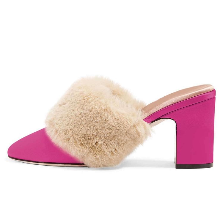 Hot Pink Fur Heels Round Toe Chunky Heel Trending Mules US Size 3-15 |FSJ Shoes