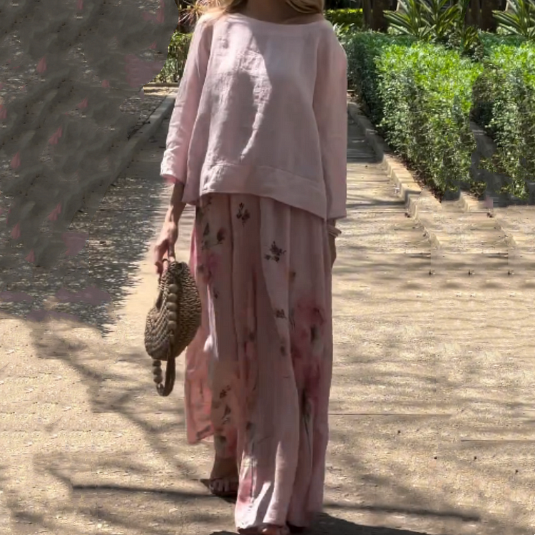 🌸🔥Tvådelat set med enfärgad topp och blommiga byxor med vida ben