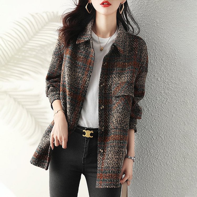Grid Checkered/plaid Casual Shawl Collar Outerwear QueenFunky
