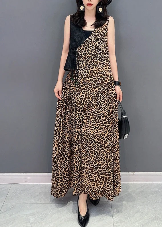 Elegant Leopard Tie Waist Top And Maxi Skirts Two Pieces Set Summer
