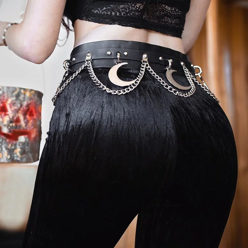 InsGoth Punk Hip Hop Metal Belt PU Leather Belt Gothic Streetwear Chain Moon Goth Belt Dance Streetwear Individual Women Belt