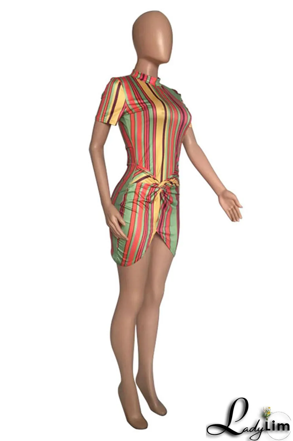Orange Fashion Casual Striped Print Split Joint Half A Turtleneck Short Sleeve Dress