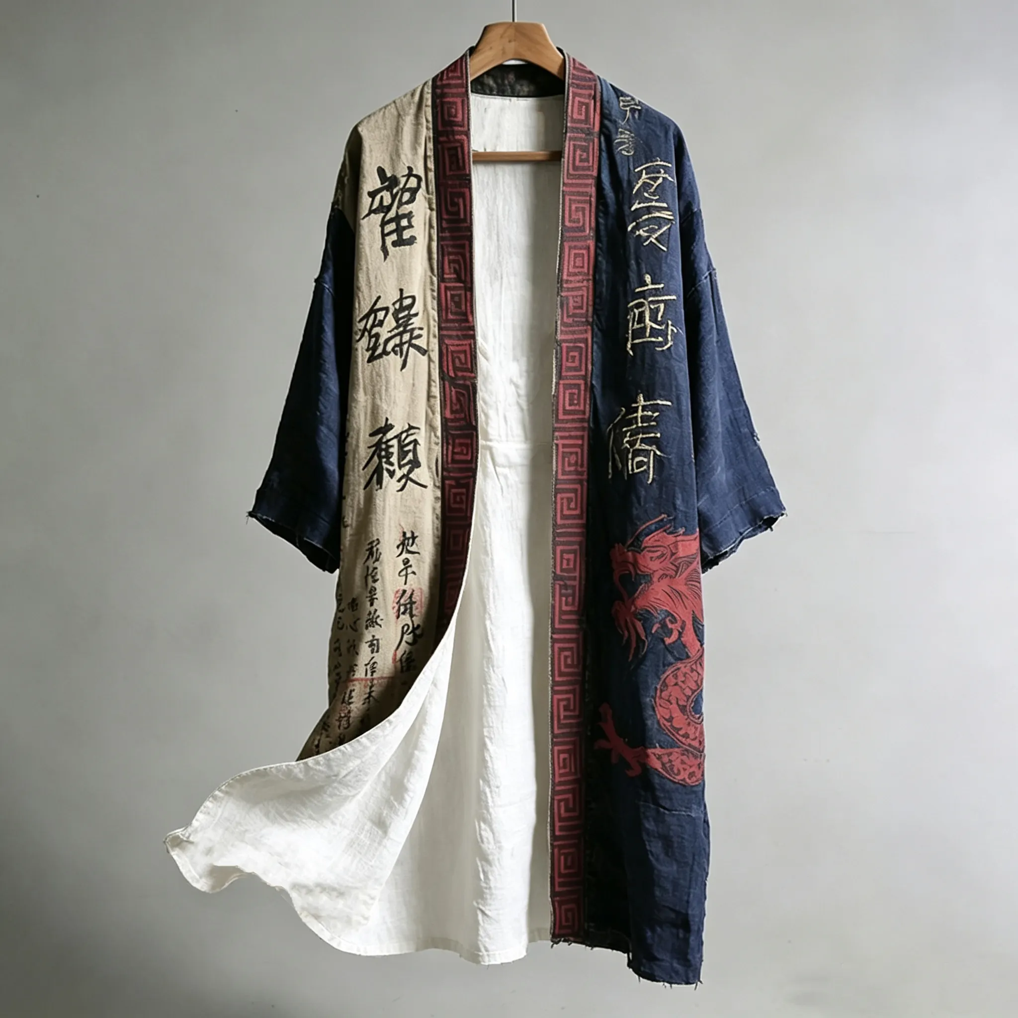 Men's Japanese Dragon Pattern Calligraphy And Painting Art Linen Long Kimono artswardrobe