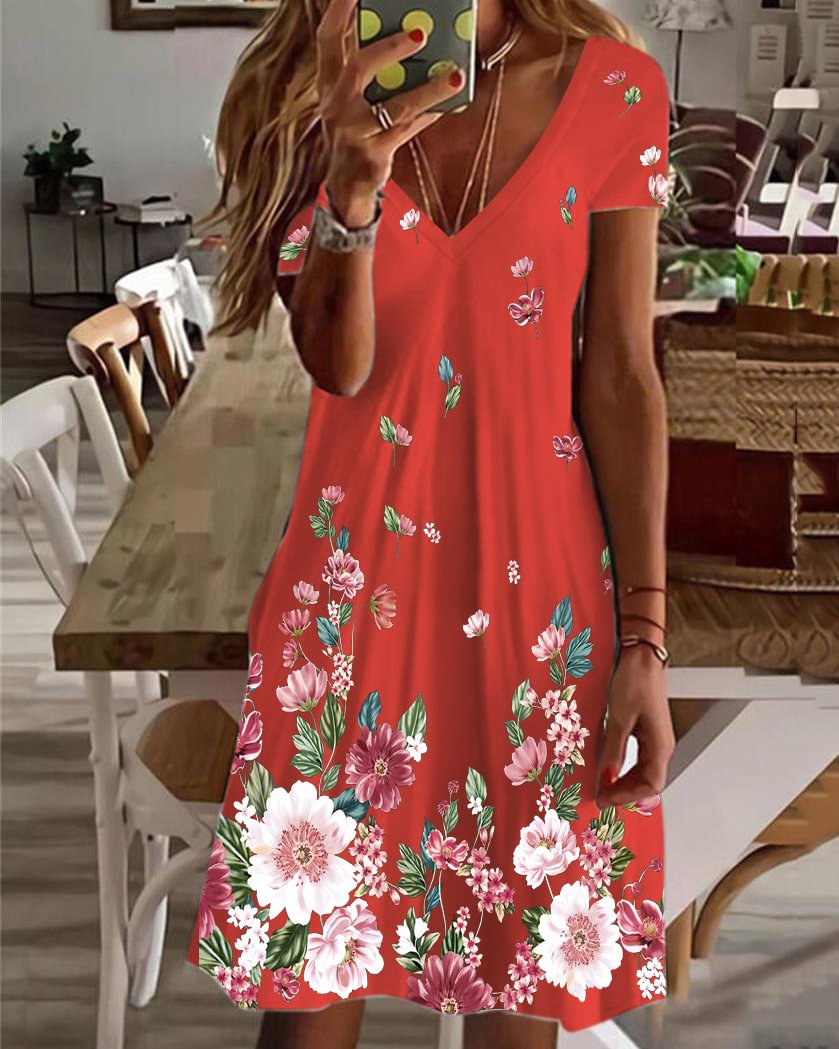 Summer v-neck fashion print loose dress