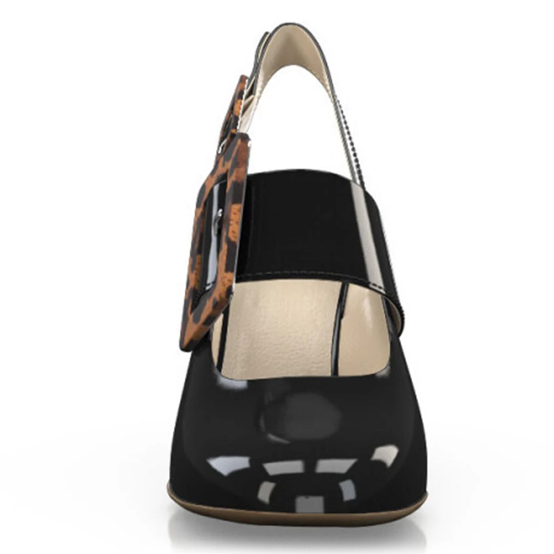 Black Patent Leather Leopard Round Toe Chunky Heel Slingback Pumps