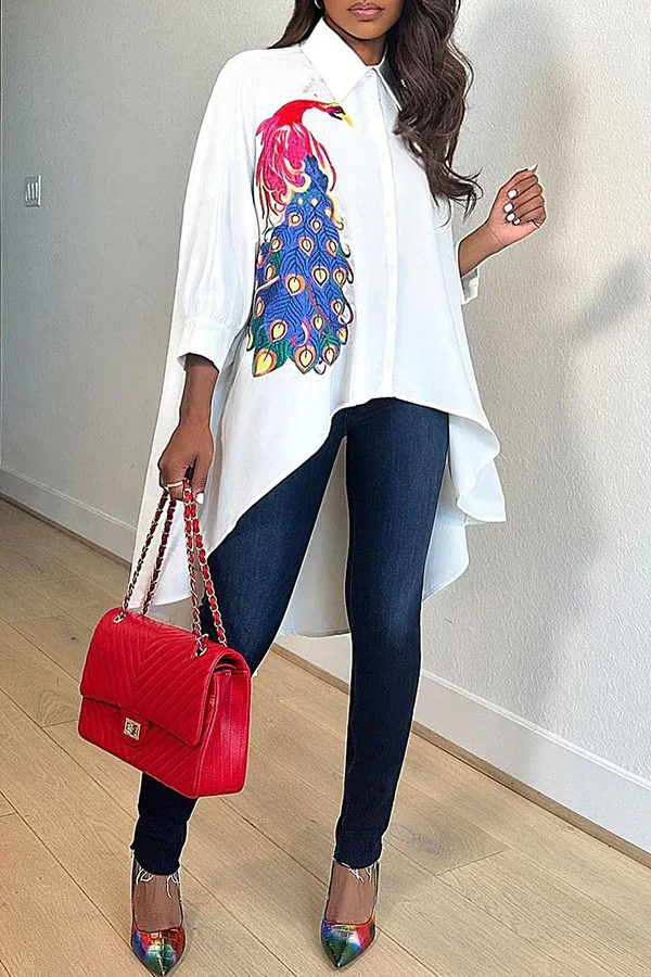 Trendy Peacock Print 3/4 Length Sleeve Asymmetric Mid Length Blouse