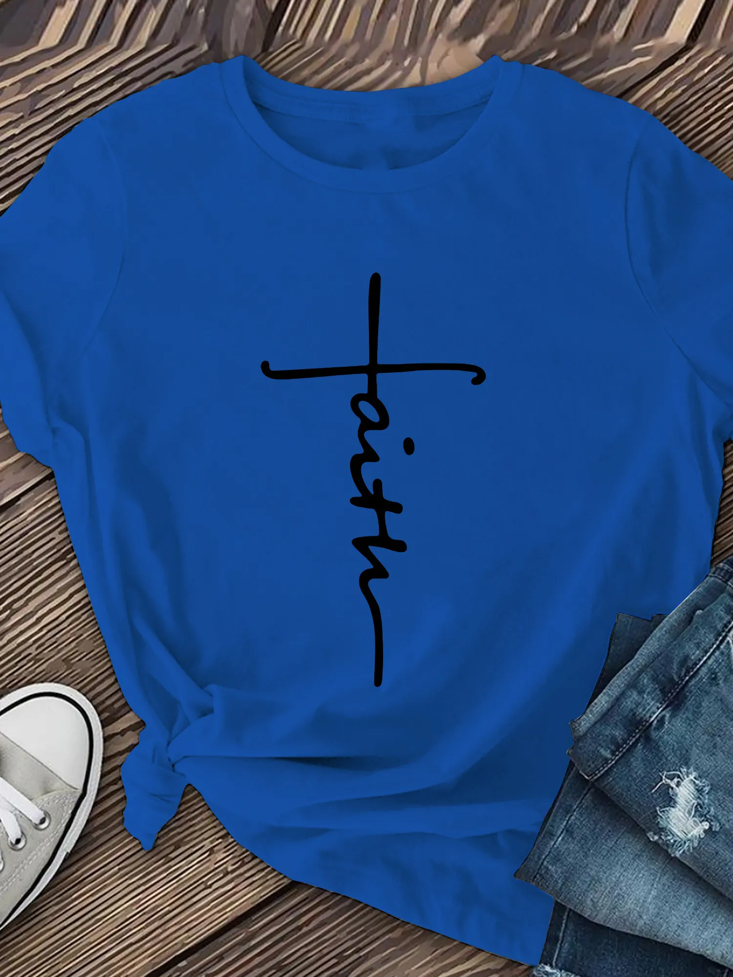 Cross printed t-shirt short-sleeved crew-neck casual shirt soft fabric available variety | IFYHOME