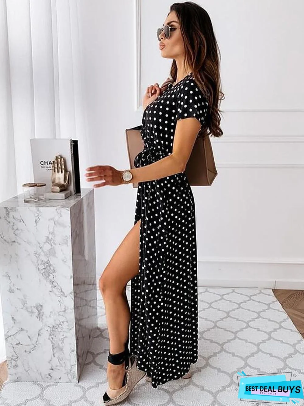 Women's Wrap Dress Maxi Long Dress - Short Sleeve Polka Dot Print Summer V Neck Hot Casual Sexy Black Blue Blushing Pink Dark Green Black Dresses