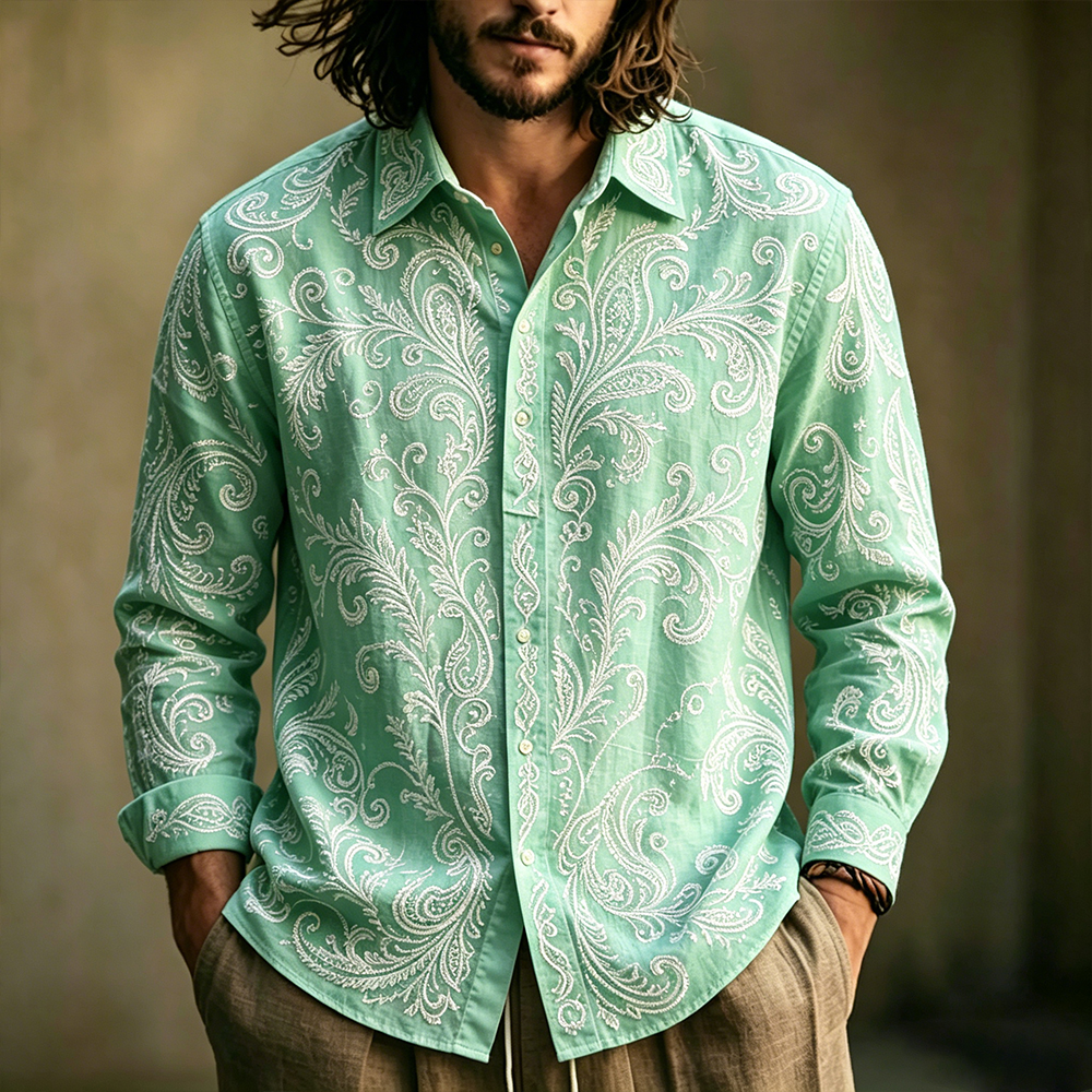 Comstylish Men's Retro Paisley Art Embroidered Mint Green Linen Blend Long Sleeve Shirt
