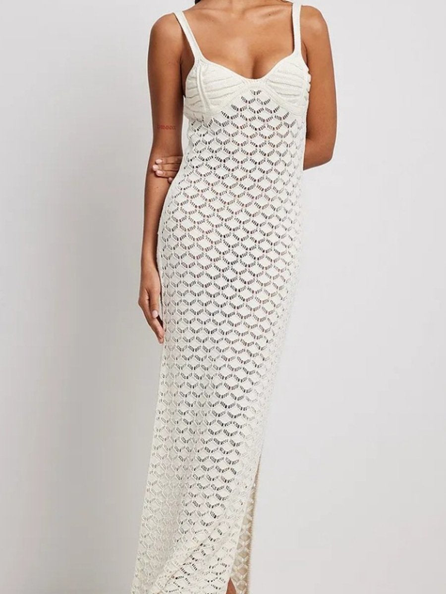 Suspenders Open-Back Openwork Knitted Skirt Midi Dress
