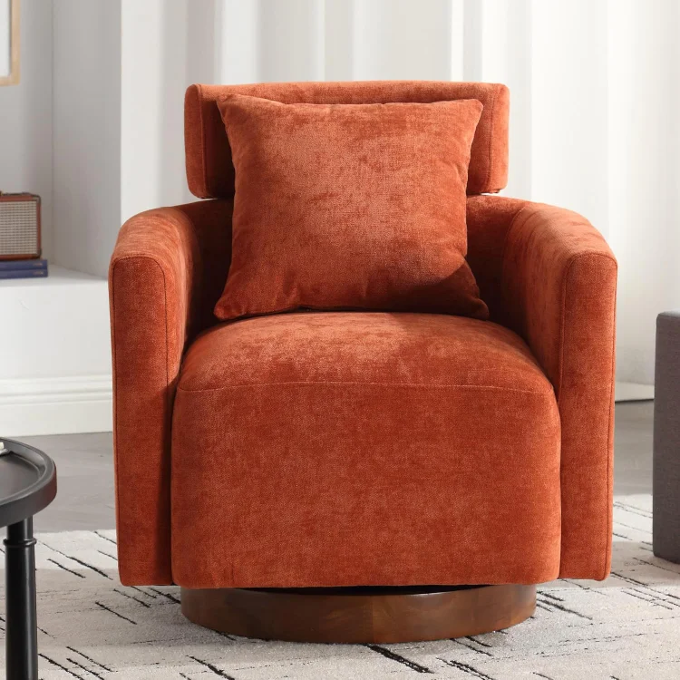 Upholstered 360° Swivel Accent Chair, Mid-Century Arm Chair with Lumbar Pillow & Wood Base, Leisure Single Sofa Reading Chair