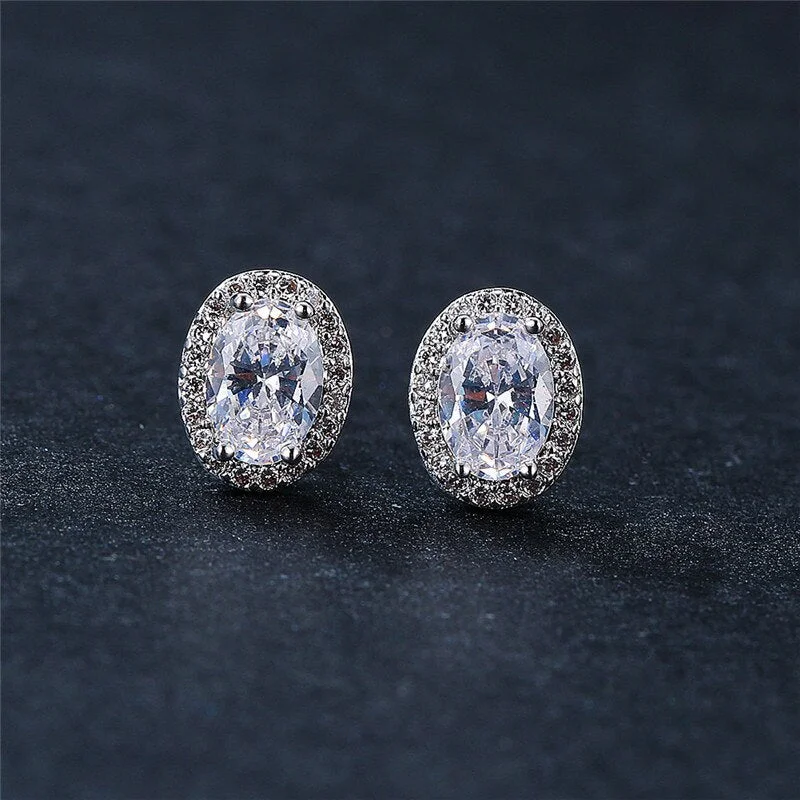 Simple Female Purple Crystal Small Earrings Rose Gold Silver Color Stud Earrings Dainty Oval Rainbow Wedding Earrings For Women