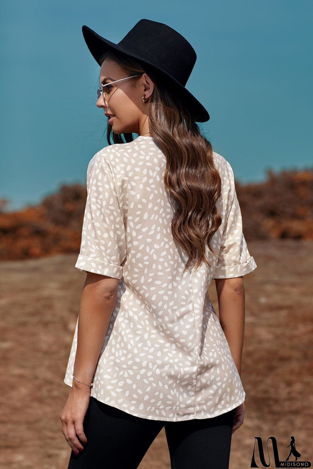 MidiSono - Chic Apricot Chloe Animal Print V-neck Rolled Sleeve Tunic Top