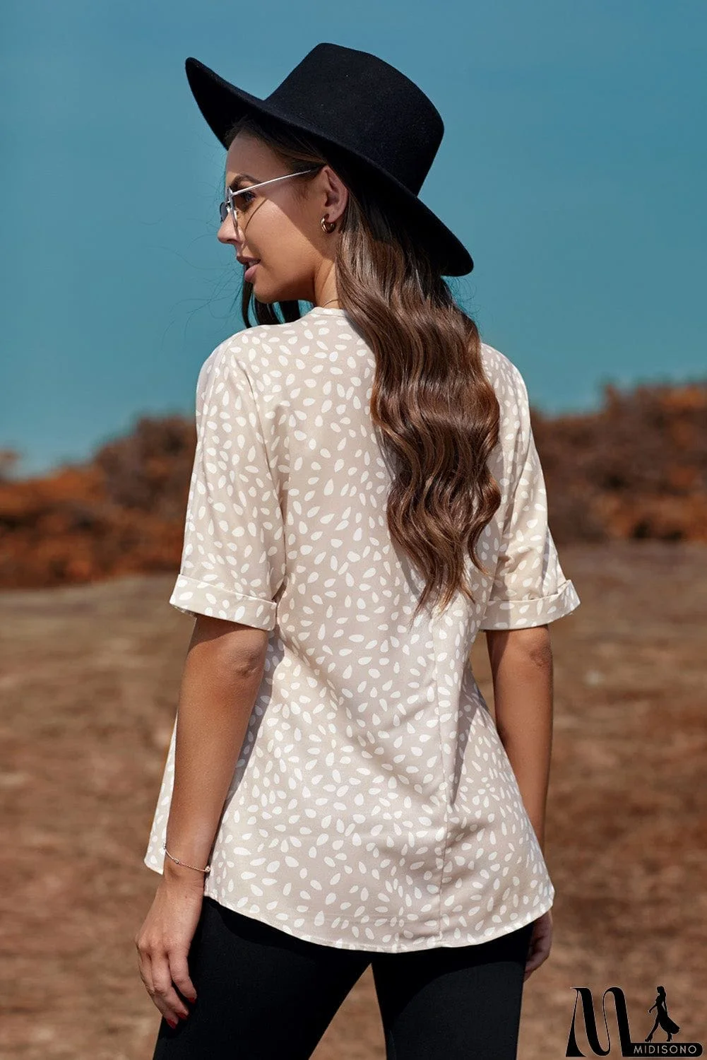 MidiSono - Chic Apricot Chloe Animal Print V-neck Rolled Sleeve Tunic Top