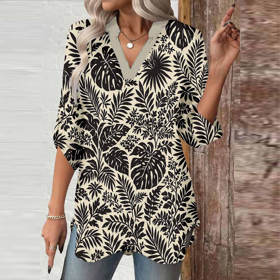 Women Leaves, Black, Khaki DZGA0169 3/4 Sleeve V-neck Printed Graphic Button Tops