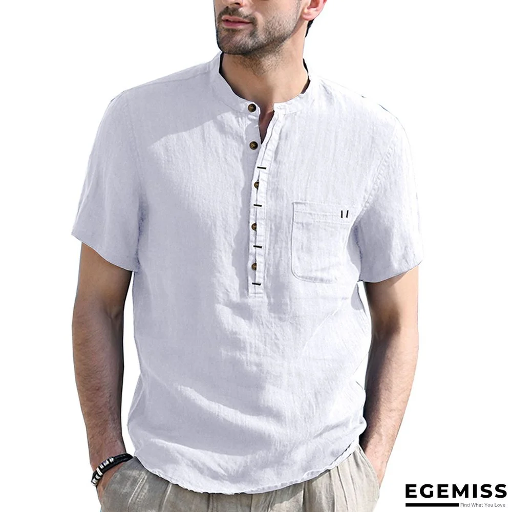 Henry Collar Plain Pocket Short Sleeve Shirt Men's Cotton and Linen Shirt | EGEMISS