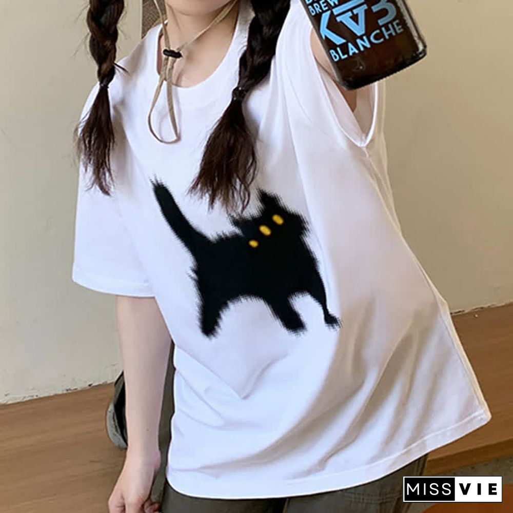 Cartoon Cat Print Round Collar Oversized T-Shirt