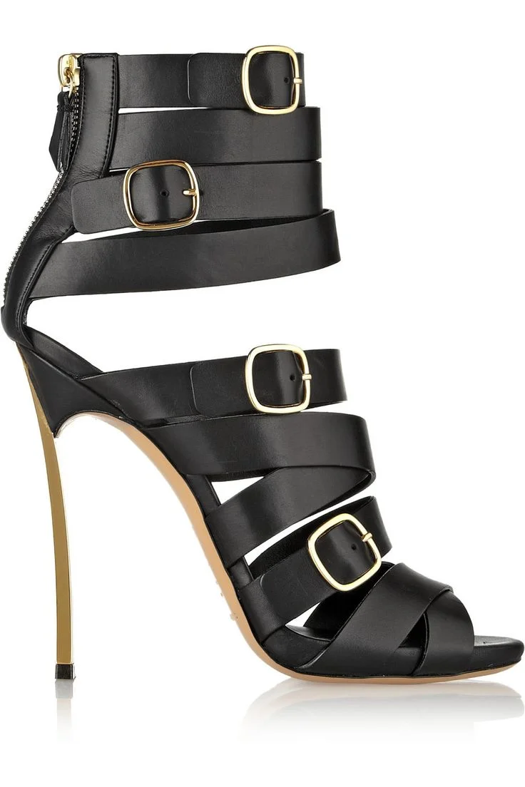 Black Buckle Strappy Sandals with Stiletto Heels, Elegant High Heels Vdcoo