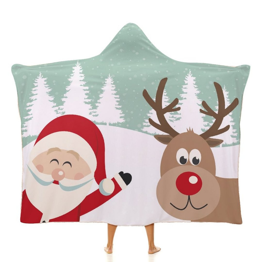 Custom Santa and Reindeer Green Hooded Blanket