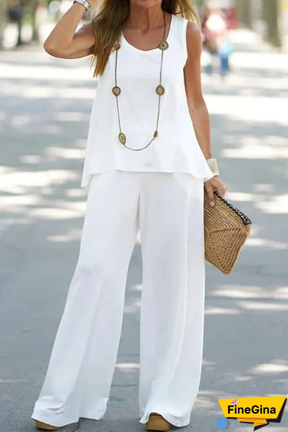 Casual Simplicity Solid Pocket O Neck Sleeveless Two Pieces