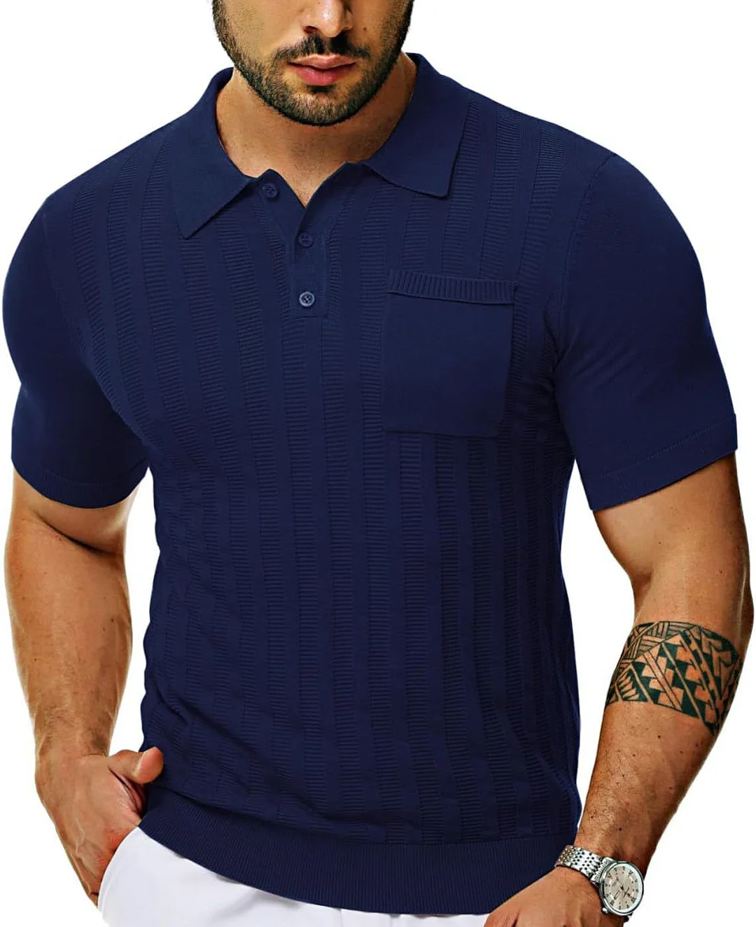 Uveng Uveng Men's Casual Polo Shirt Short Sleeve V-Neck Hollow Breathable Knit Summer Men's Top