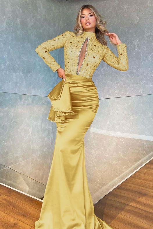 Hidais High Collar Long Sleeves Mermaid Pleated Sequins Prom Dress With Beadings