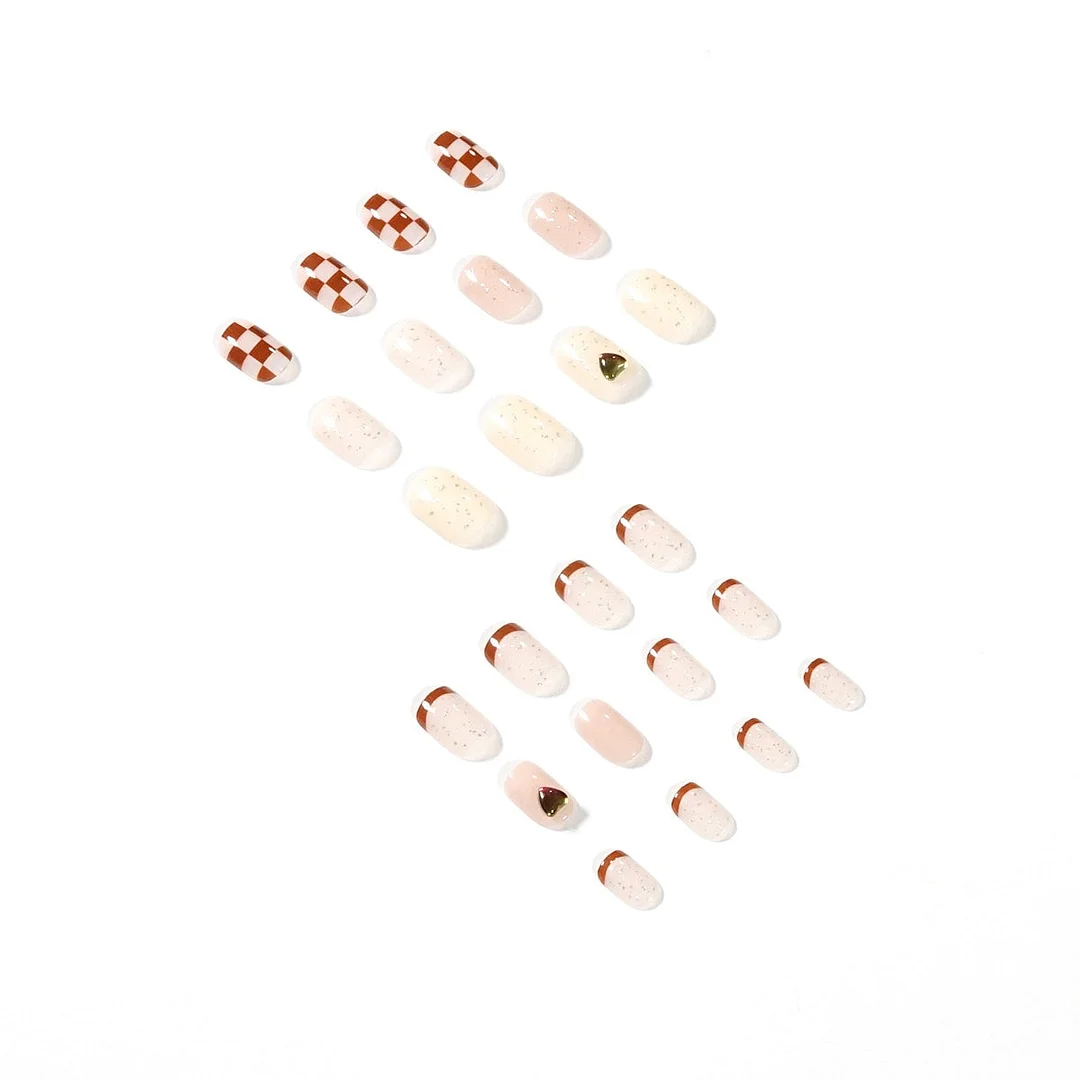Fake Nails Brown Coffee Checkerboard Full Cover Fake Nails DIY Glue Press On Nails Nail Supplies For Professionals-Nail Inspo