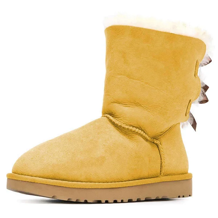 Yellow Vegan Suede Flat Winter Boots with Bow |FSJ Shoes