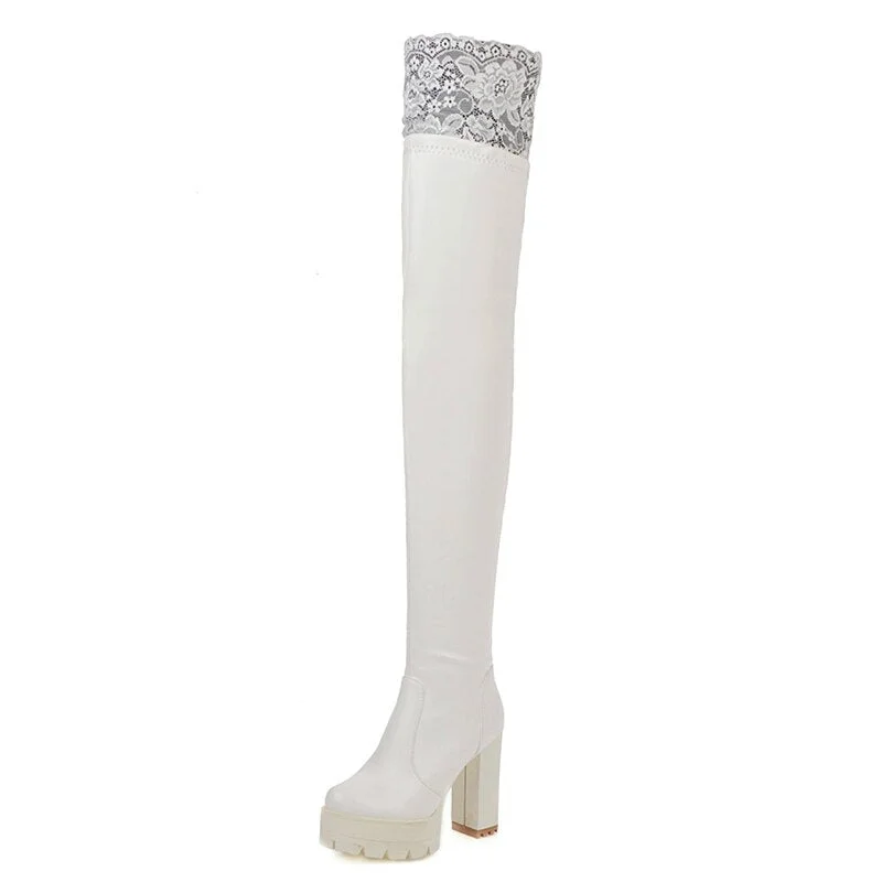 Gdgydh Sexy Lace Thigh High Boots For Plus Size Women Platform Shoes Over The Knee Boots Stretch Fabric Black Leather Winter New