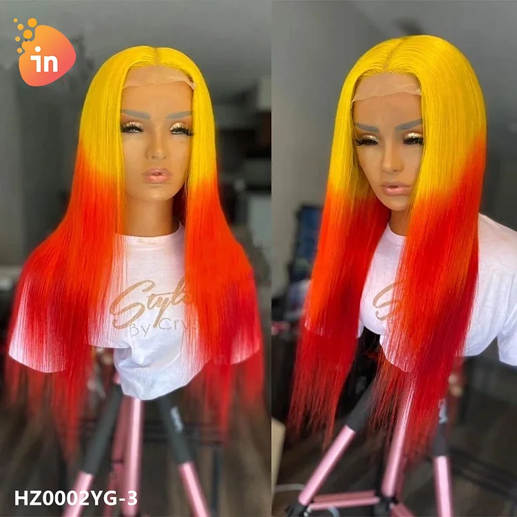 Colored transparent mesh front lace headpiece 20 inches yellow gradient red human hair wig headpiece 150 density-HZ0002YG