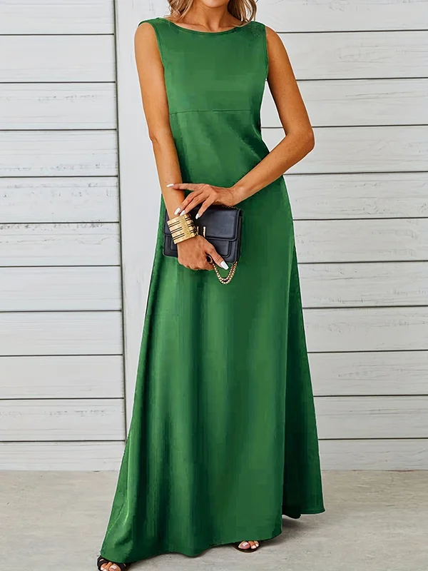 Solid Color Sleeveless Loose Round-Neck Maxi Dresses