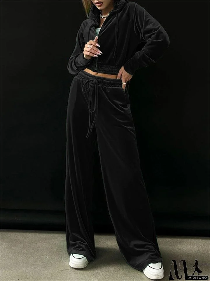 MidiSono - Women's Street Velvet Zipper Hoodies and Mopping Pants