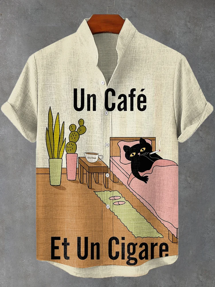 Men's Chilling Black Cat Smoking Lazy Art Linen Blend Shirt