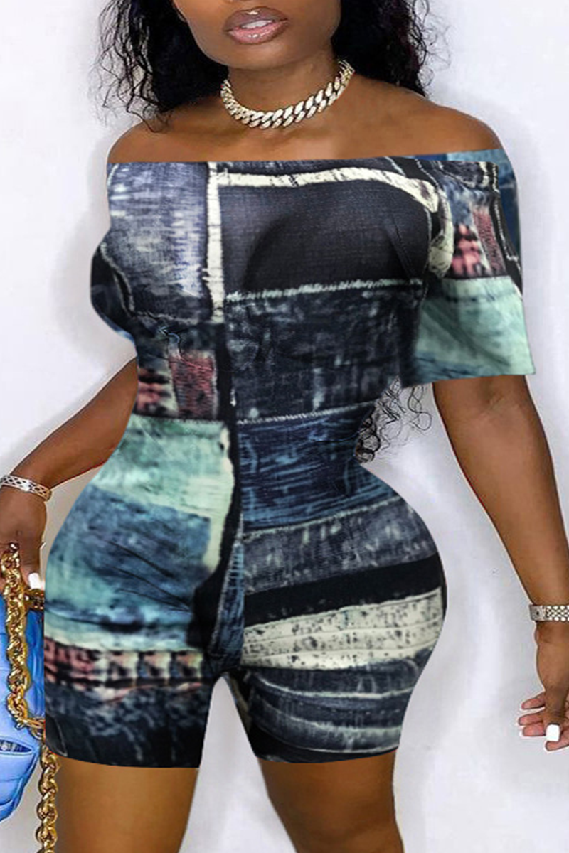 Sexy Print Split Joint Off the Shoulder Skinny Jumpsuits