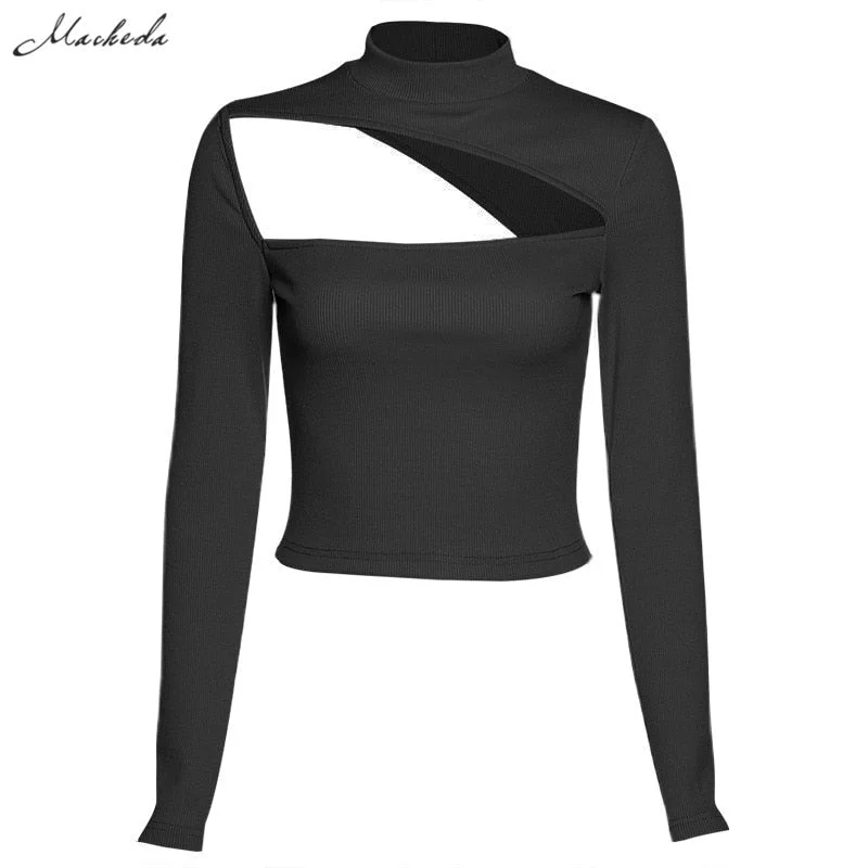 Mmacheda Solid Autumn Slim T Shirt Women Sexy Hollow Out Long Sleeve Turtleneck Clothing Lady Skinny Casual Crop Top 2020 New