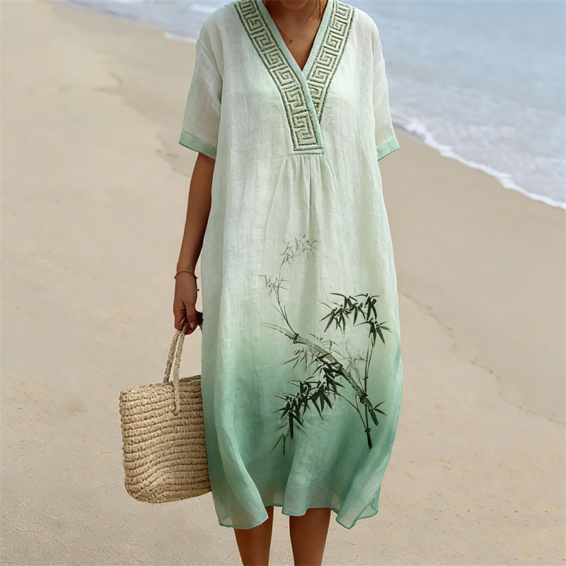 Classy Bamboo Japanese Art Gradient Flowy Linen Maxi Dress wearshes