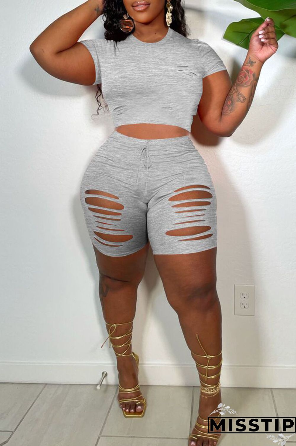 Black Casual Solid Ripped Patchwork O Neck Short Sleeve Two Pieces