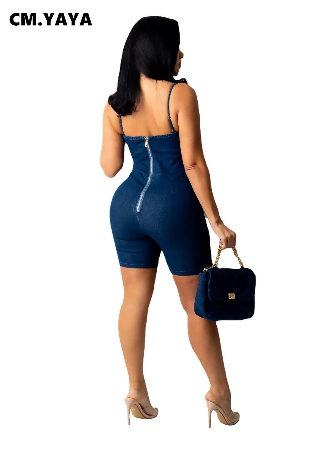 CM.YAYA Women Playsuit Denim Solid Sleeveless Strap Back Zip Bandage Hollow Out Stretchy Playsuits Sexy Rompers Summer Outfit