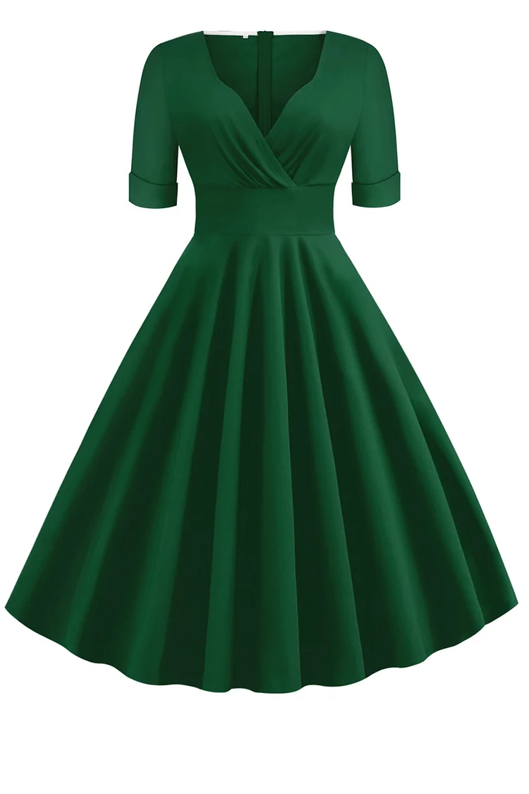 1950s Halloween Green Formal V Neck Cross Front Fold Swing Midi Dress