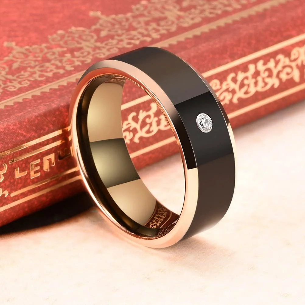 6MM 8MM Women's Or Men's Rose Gold Tungsten Carbide Rings Black Polished Beveled Edge Zircon Inlay