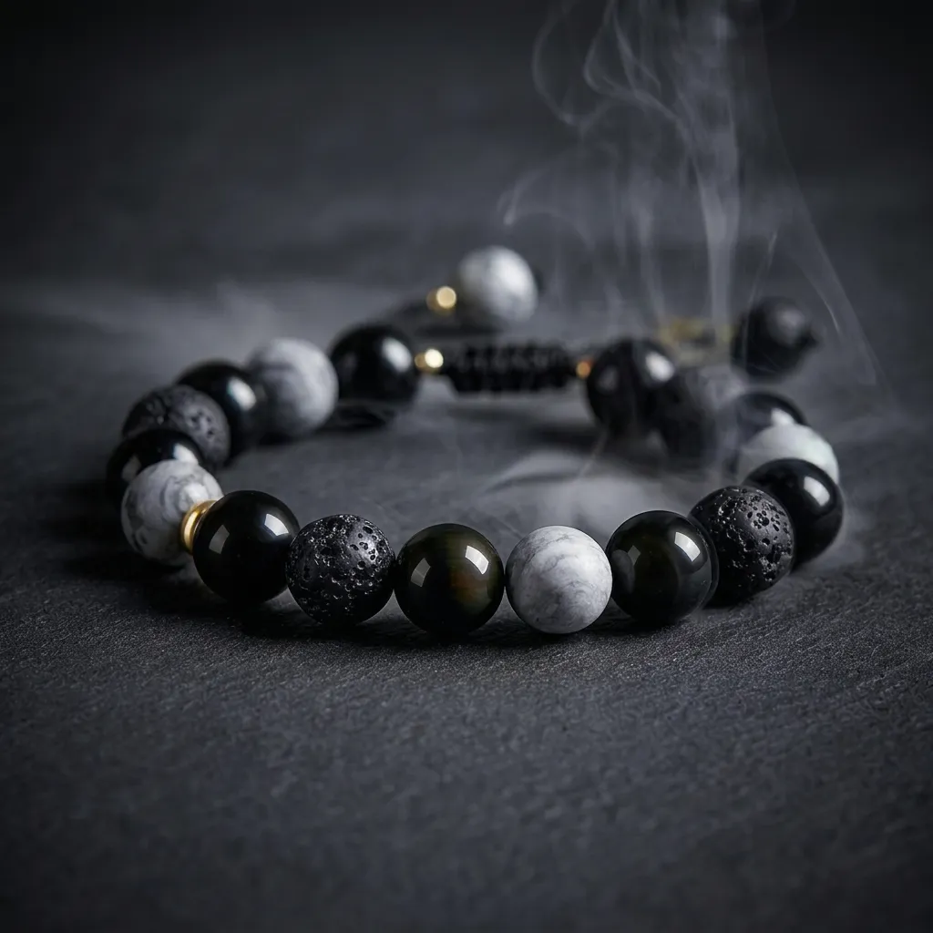 JiStones Vulcan Series: Obsidian & Volcanic Rock Beaded Bracelet for Men Midnight Obsidian & Lava Rock
